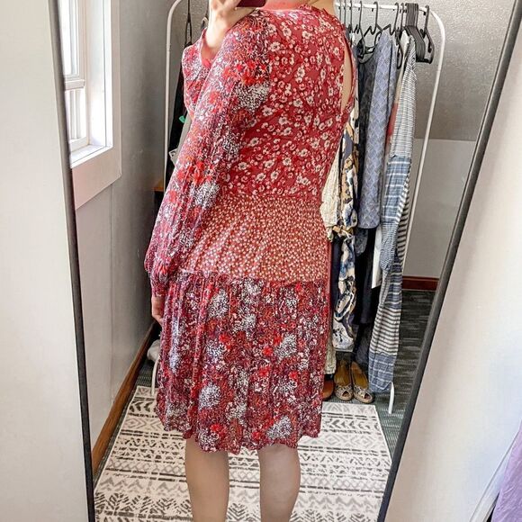 Anthropologie Maeve Red Floral Tiered Mini Dress Long Sleeve S - Picture 4 of 9